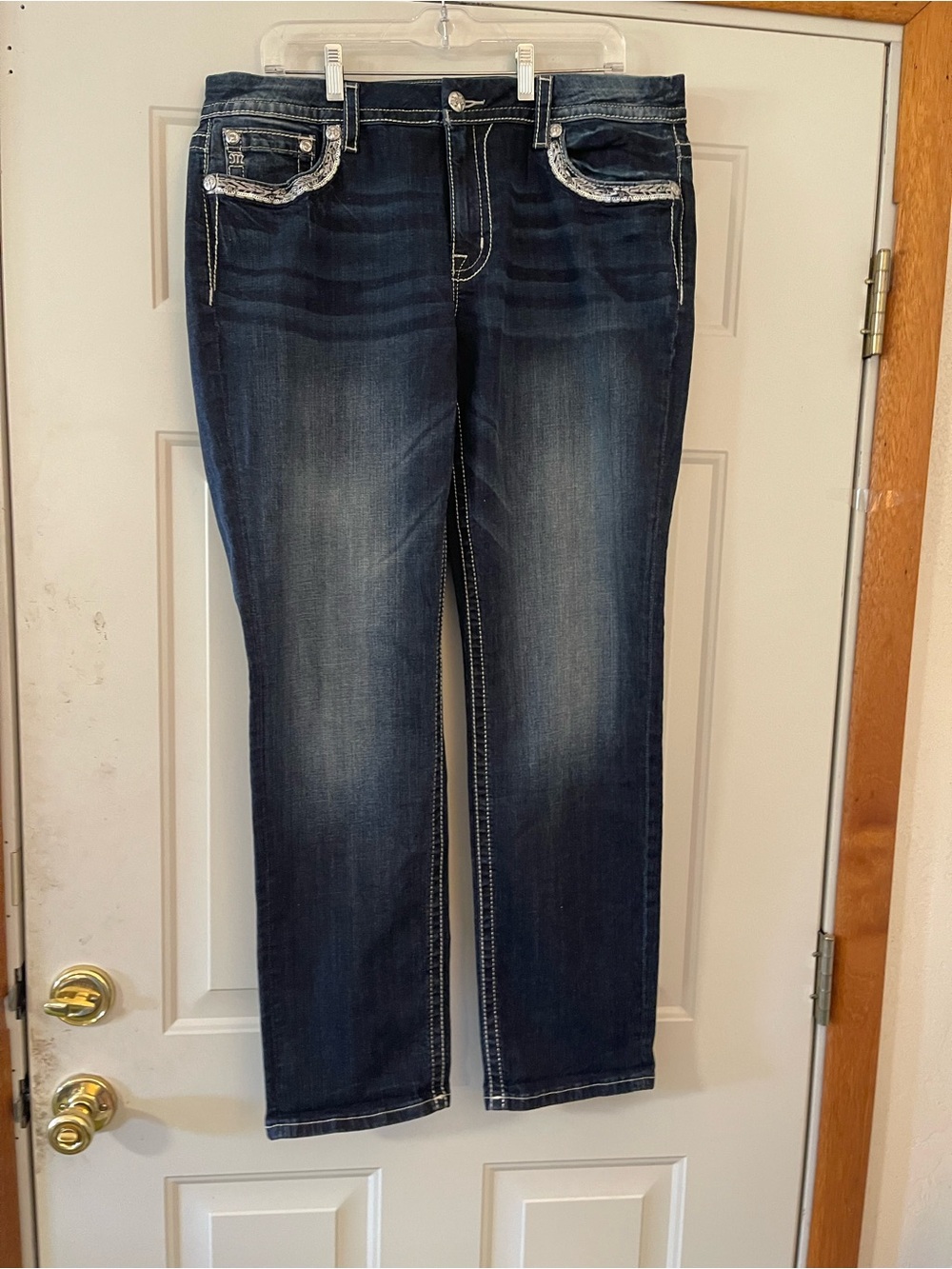 Miss Me Mid Rise Signature Straight Sz 33 X31 1/2 9" Rise-Blue-Bling Embellished